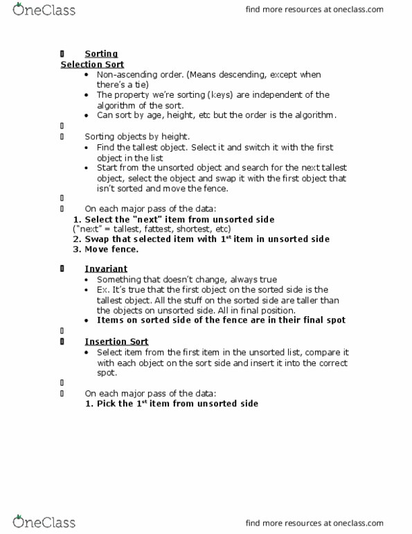 CSC108H1 Lecture Notes - Lecture 27: Insertion Sort, Selection Sort, Bubble Sort thumbnail