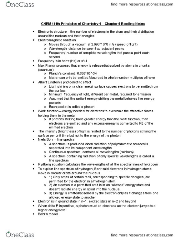 CHEM 1110 Chapter Notes - Chapter 6: Uncertainty Principle, Pauli Exclusion Principle, Electron Configuration thumbnail