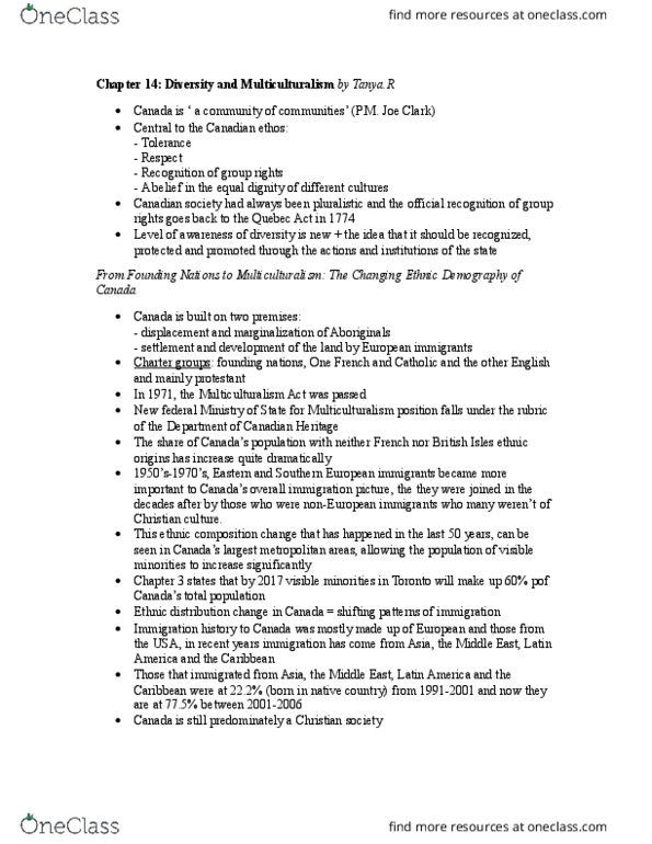 POLS 2300 Chapter Notes - Chapter 14: Interculturalism, Visible Minority, Aboriginal Peoples In Canada thumbnail