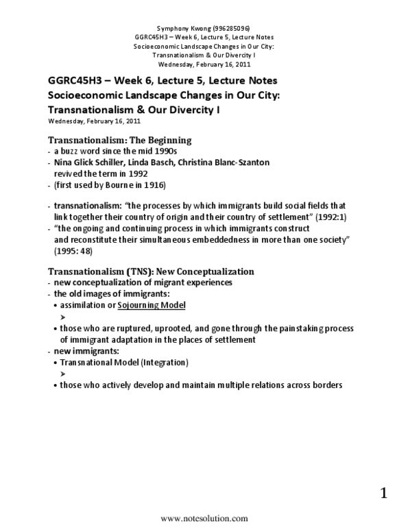 GGRC45H3 Lecture Notes - Lecture 5: Transnationalism, Eglinton West, Bloor West Village thumbnail