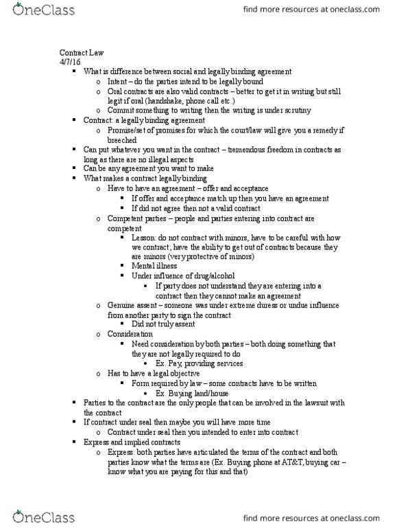 BSLW1021 Lecture Notes - Lecture 15: Quasi-Contract, Option Contract, Contract thumbnail