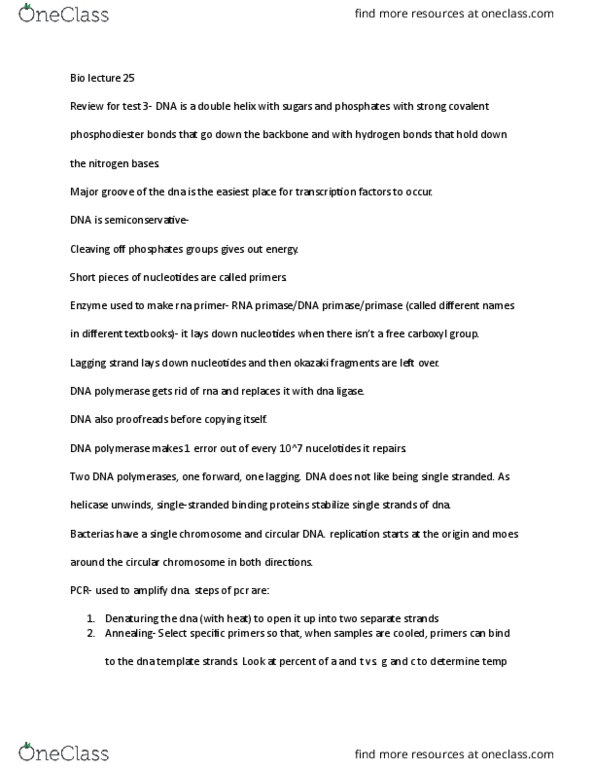 BIOLOGY 151 Lecture Notes - Lecture 25: Helicase, Chromosome, Okazaki Fragments thumbnail