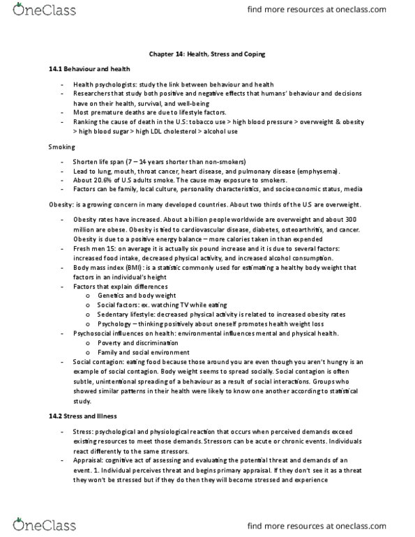 PSYA02H3 Chapter Notes - Chapter 14: Coronary Artery Disease, Parasympathetic Nervous System, Aids thumbnail