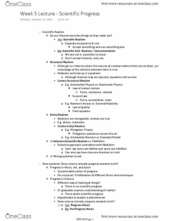 HPS100H1 Lecture Notes - Lecture 5: Hypothesis, Classical Element, Phlogiston Theory thumbnail