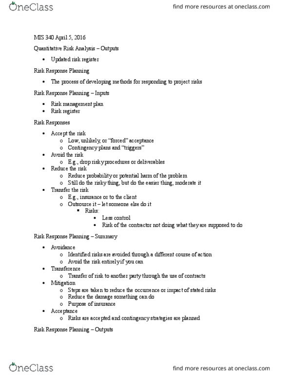 MIS 340 Lecture Notes - Lecture 23: Project Management Institute, Project Management thumbnail