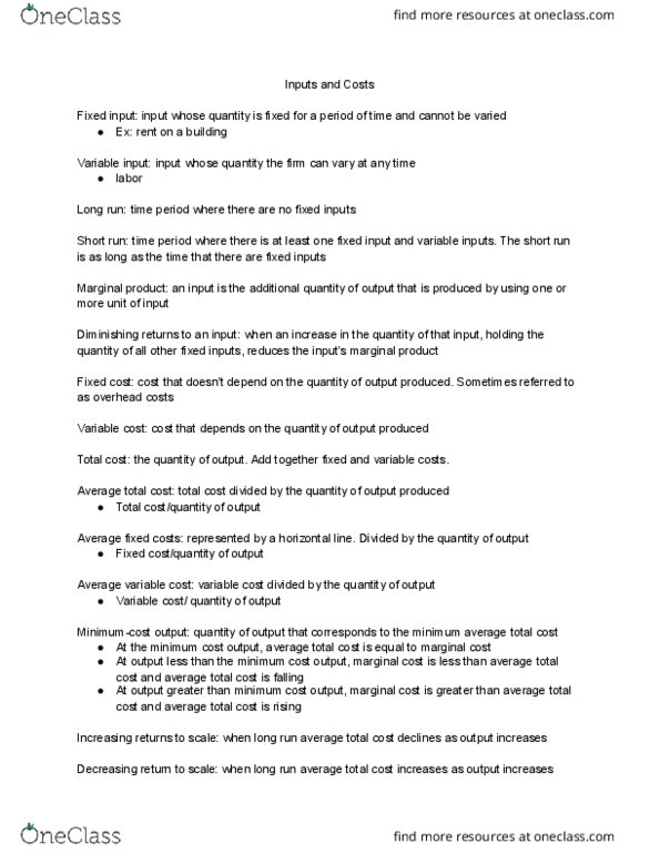 ECO 201 Chapter Notes - Chapter 11: Average Variable Cost, Average Cost, Fixed Cost thumbnail