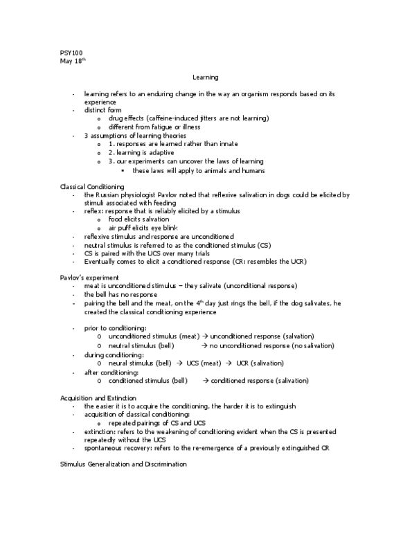 PSY100Y5 Lecture Notes - Classical Conditioning, Conditioned Taste Aversion, Operant Conditioning thumbnail