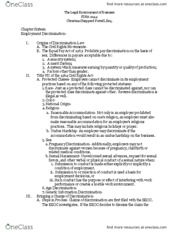 FINA 2244 Lecture Notes - Lecture 16: Decision Rule, Executive Order 11246, Civil Rights Act Of 1964 thumbnail