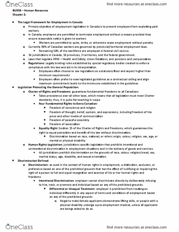 BU354 Lecture Notes - Lecture 2: Personal Information Protection And Electronic Documents Act, Underemployment, Reasonable Accommodation thumbnail