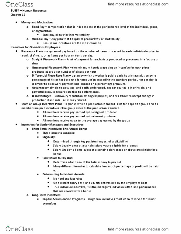 BU354 Lecture Notes - Lecture 12: Merit Pay, Performance Appraisal, Piece Work thumbnail