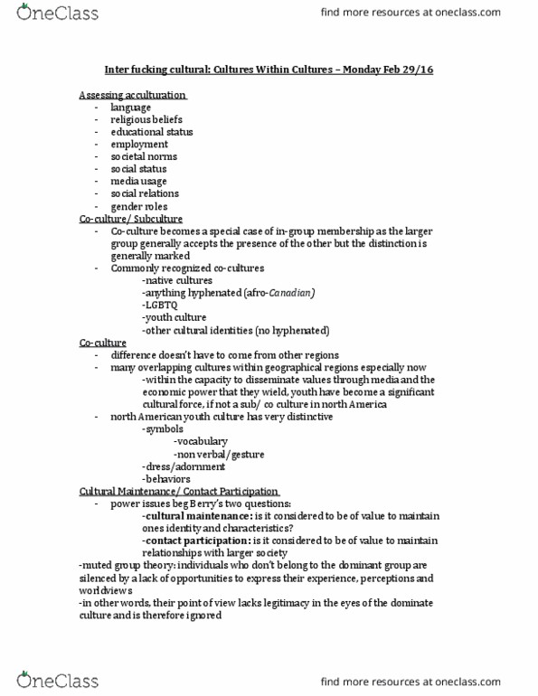 INTC 1F90 Lecture Notes - Lecture 5: Muted Group Theory, Ethnocentrism, Demography Of The United States thumbnail