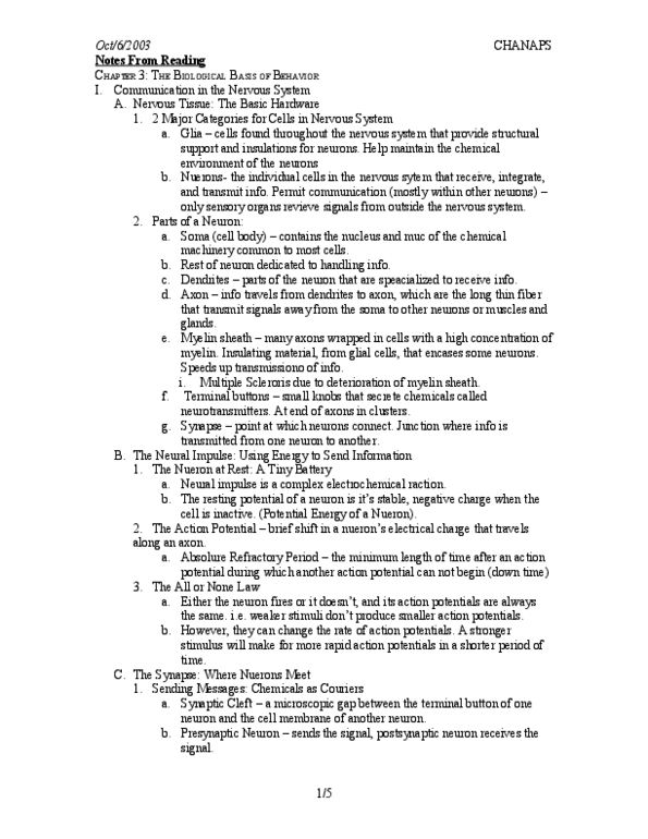 PSY100Y5 Chapter Notes - Chapter 3: Peripheral Nervous System, Myelin, Axon Terminal thumbnail