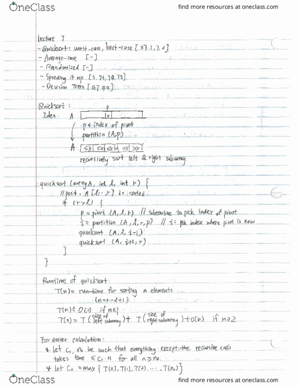 CS240 Lecture Notes - Lecture 7: Quicksort thumbnail