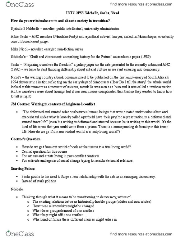 INTC 2P53 Lecture Notes - Lecture 5: Cognitive Dissonance, Albie Sachs, J. M. Coetzee thumbnail