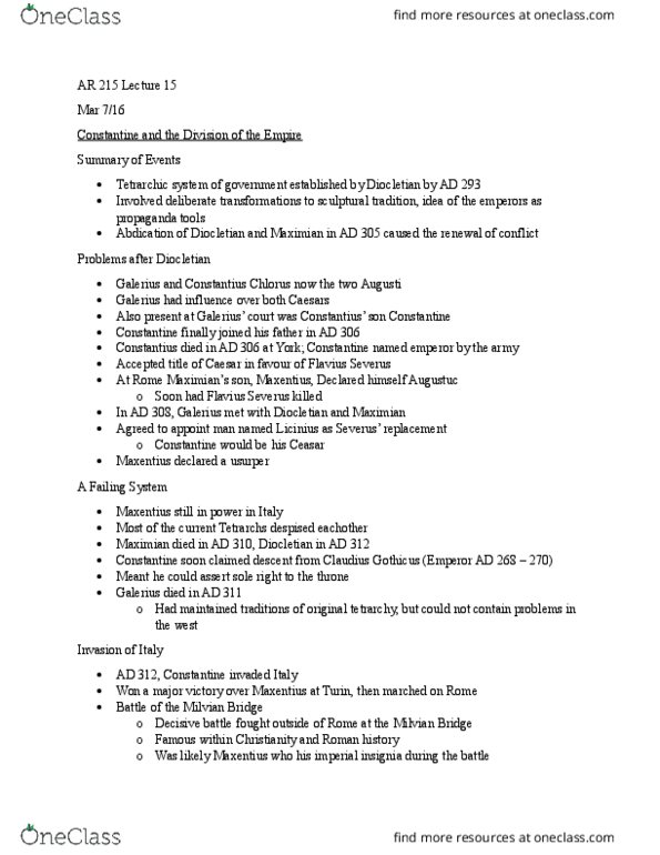 AR215 Lecture Notes - Lecture 15: Maximinus Ii, Serpent Column, Patron Saint thumbnail