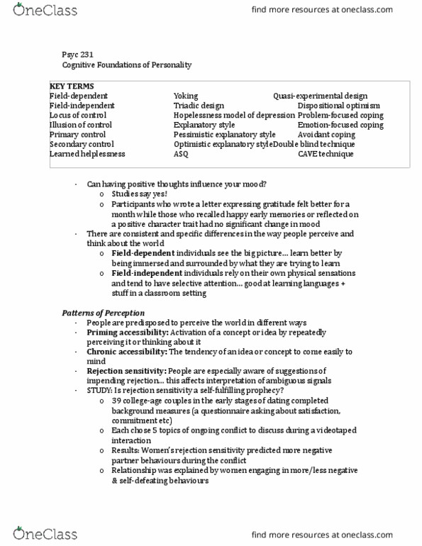 PSYC 231 Chapter Notes - Chapter 10: Optimism, Cytokine, Content Analysis thumbnail