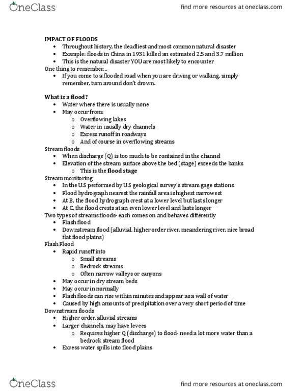 GEOL105 Lecture Notes - Lecture 6: Flash Flood, Stream Gauge, Hydrograph thumbnail