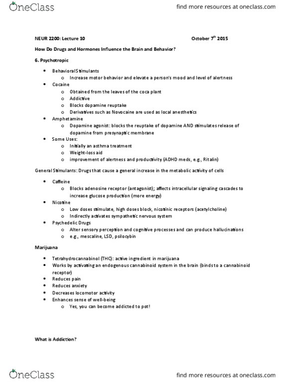 NEUR 2200 Lecture Notes - Lecture 10: Cannabinoid Receptor, Dopamine Agonist, Nicotinic Acetylcholine Receptor thumbnail