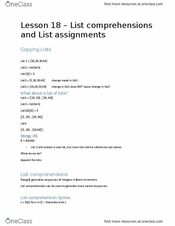 CISC 101 Lecture Notes - Lecture 18: List Comprehension thumbnail