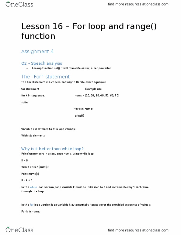 CISC 101 Lecture Notes - Lecture 16: For Loop thumbnail