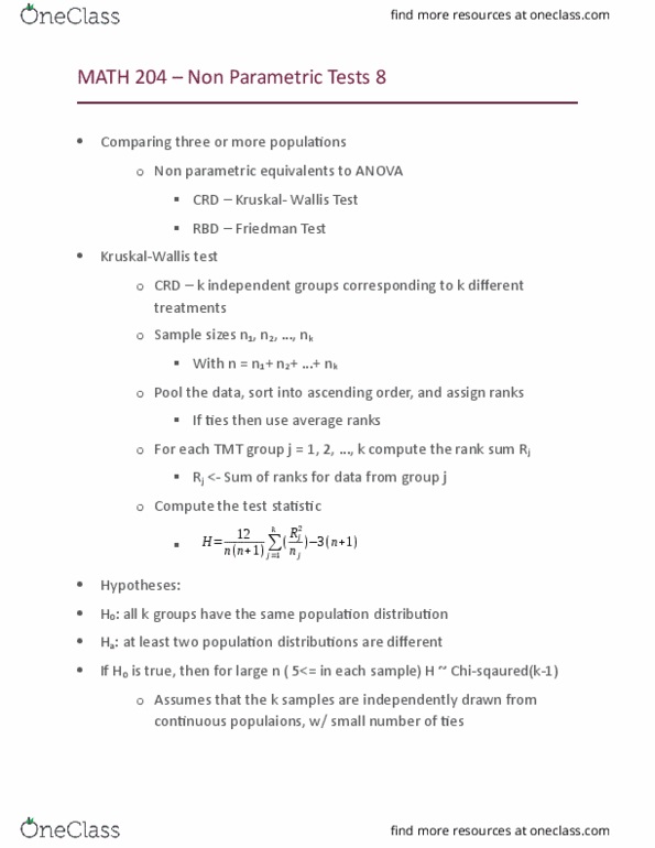 MATH 203 Lecture Notes - Lecture 25: Friedman Test, Test Statistic, Analysis Of Variance thumbnail