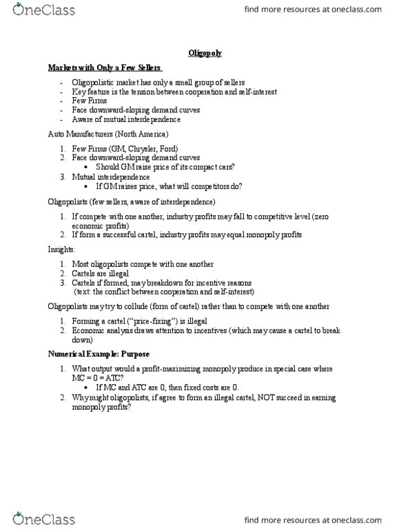 ECO101H1 Lecture Notes - Lecture 10: Oligopoly, Nash Equilibrium, Marginal Cost thumbnail