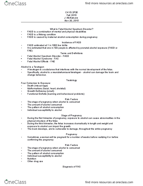 CHYS 2P35 Lecture Notes - Lecture 11: Fetal Alcohol Spectrum Disorder, Central Nervous System, Teratology thumbnail