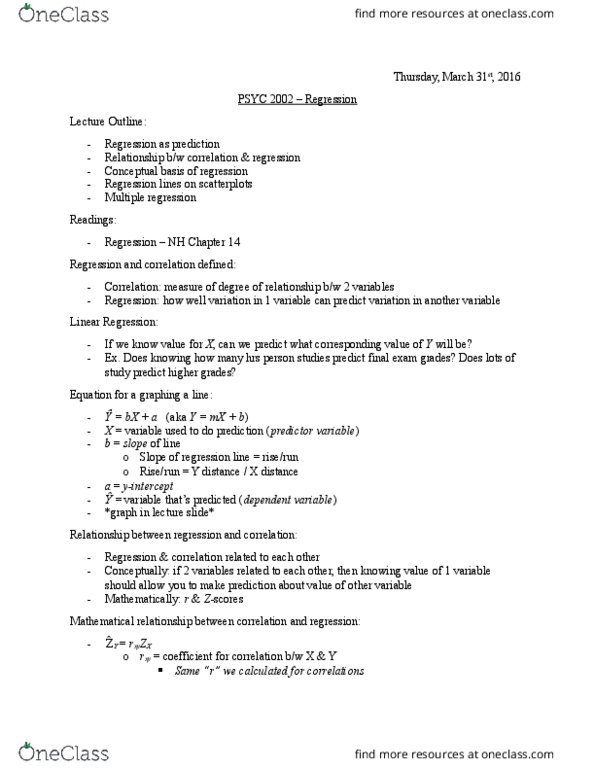 PSYC 2002 Lecture Notes - Lecture 12: Simple Linear Regression, Linear Regression, Standard Score thumbnail