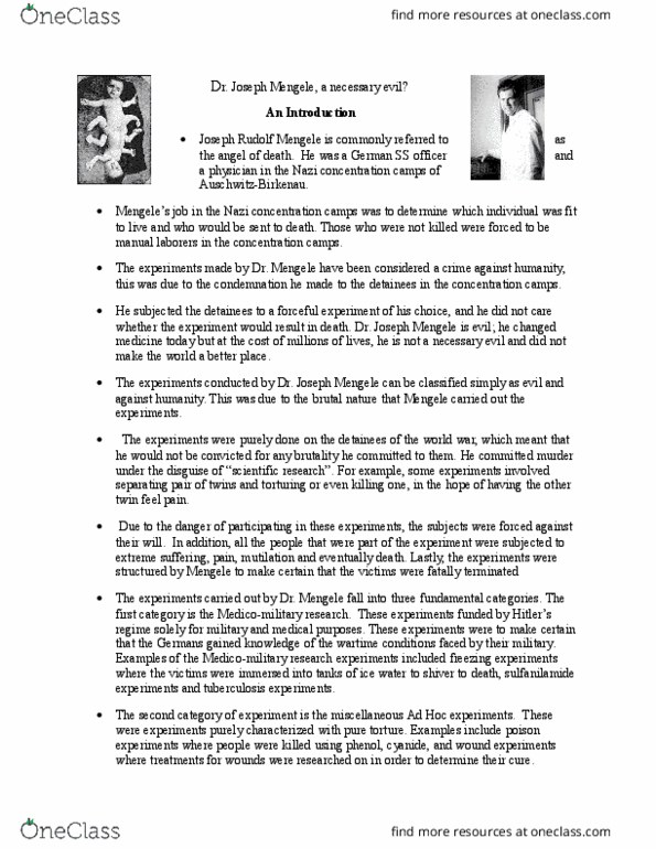 HIST 1010 Lecture Notes - Lecture 5: Nazi Concentration Camps, Josef Mengele, Sulfanilamide thumbnail