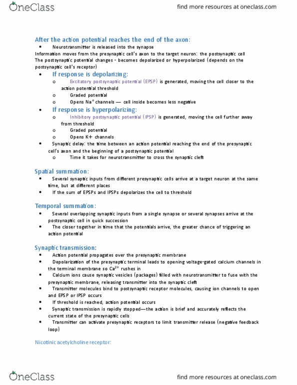 BISC 230Lgx Lecture Notes - Lecture 6: Inhibitory Postsynaptic Potential, Nicotinic Acetylcholine Receptor, Neurotransmitter Receptor thumbnail