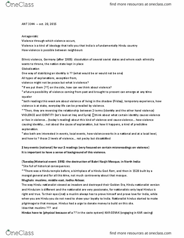 ANT 3344 Lecture Notes - Lecture 7: Babri Masjid, Shiv Sena, Remote Control thumbnail