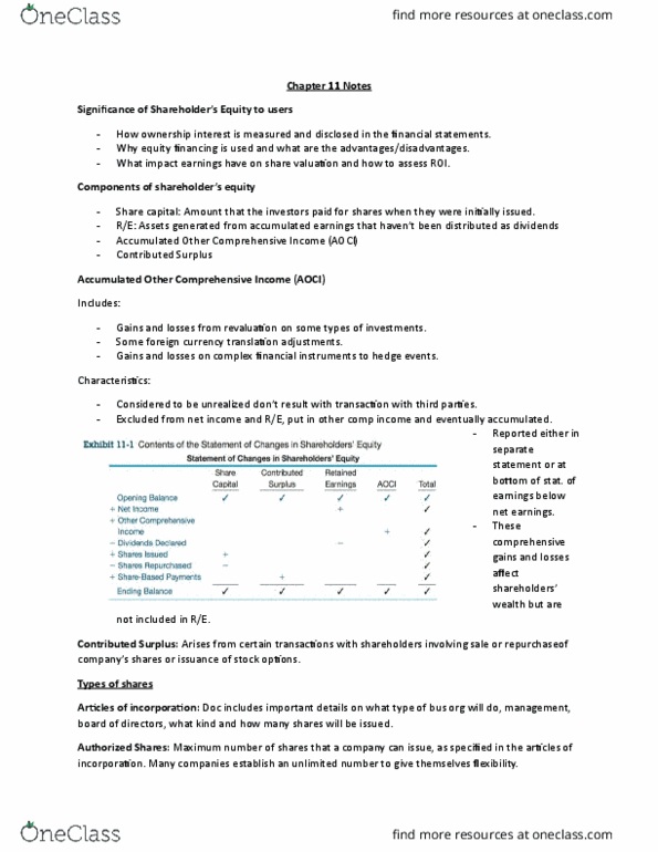 BUS 251 Chapter Notes - Chapter 11: Treasury Stock, Share Capital, Financial Statement thumbnail