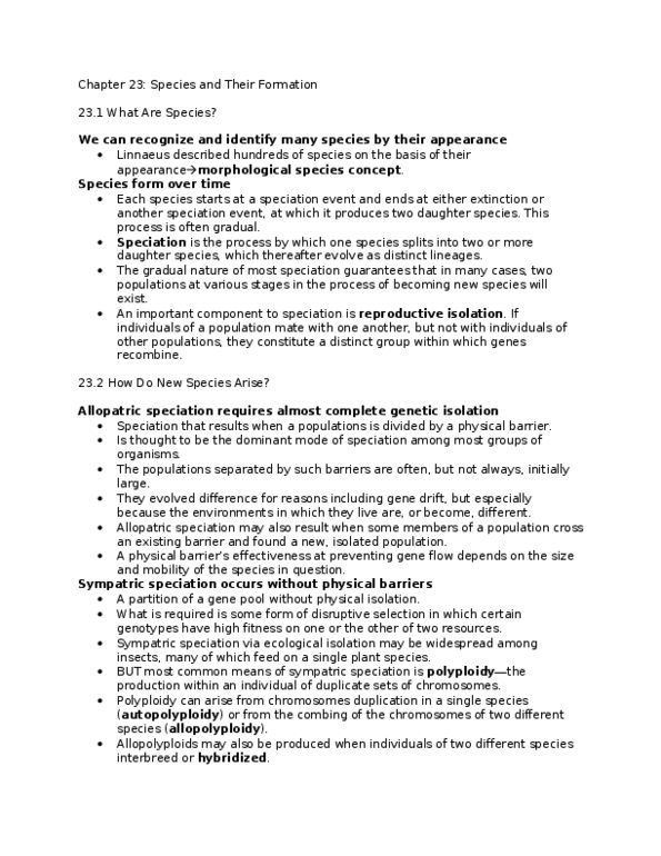 BIOL 1020 Lecture Notes - Sympatric Speciation, Allopatric Speciation, Reproductive Isolation thumbnail