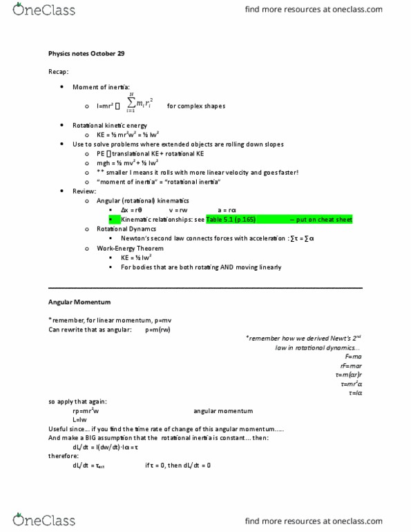 PHYS 1007 Lecture Notes - Lecture 15: Moment Of Inertia, Momentum, Kinematics thumbnail