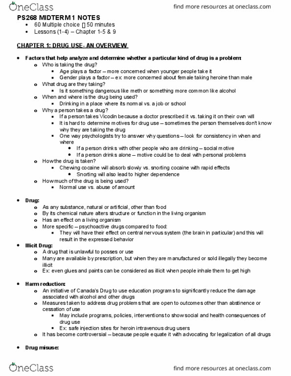 PS268 Lecture Notes - Lecture 1: Gateway Drug Theory, Substance Abuse, Psychological Dependence thumbnail