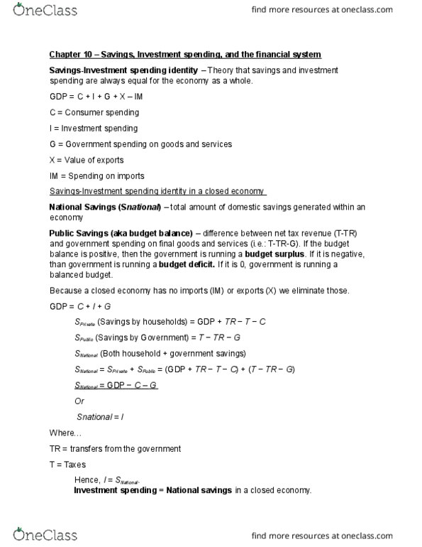 ECO100Y5 Chapter Notes - Chapter 10: Loanable Funds, Nominal Interest Rate, Government Budget Balance thumbnail