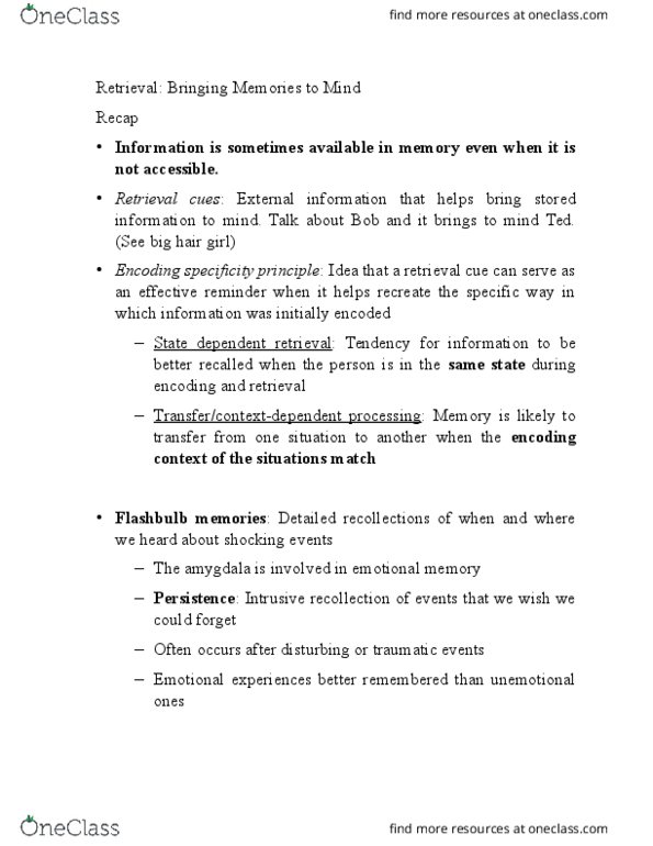 PSYC 101 Lecture Notes - Lecture 9: Encoding Specificity Principle, Amygdala, Episodic Memory thumbnail