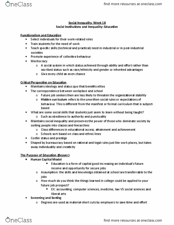 Sociology 2239 Lecture Notes - Lecture 18: Hidden Curriculum, Credentialism And Educational Inflation, Social Inequality thumbnail