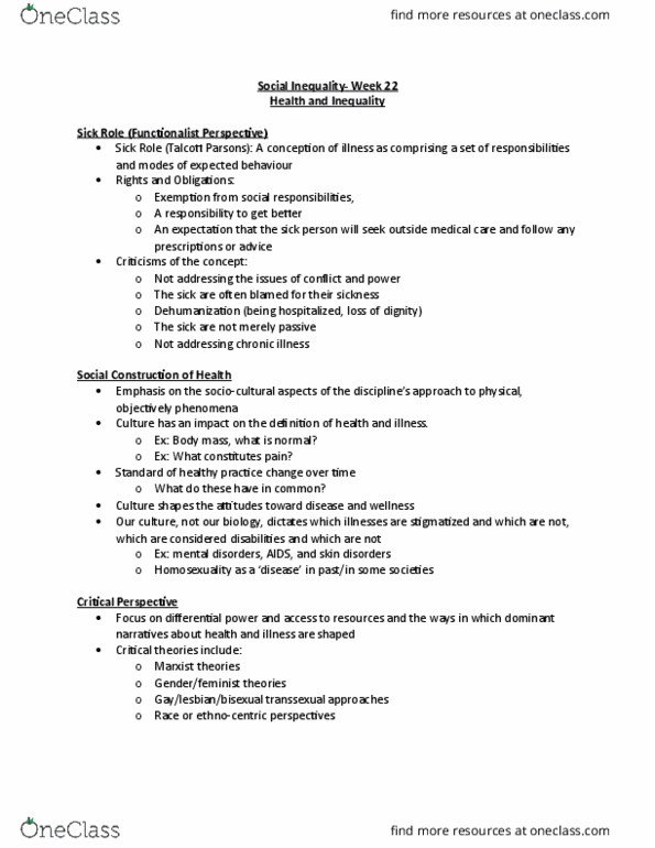 Sociology 2239 Lecture Notes - Lecture 22: Talcott Parsons, Social Exclusion, Food Security thumbnail