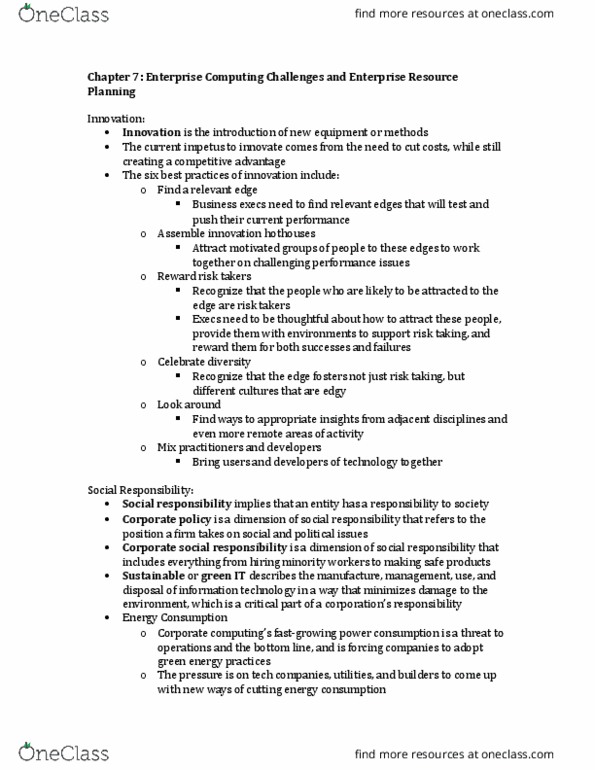 ADM 2372 Chapter Notes - Chapter 7: Enterprise Resource Planning, Corporate Social Responsibility, Green Computing thumbnail