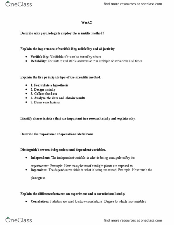 PSYC 100 Lecture Notes - Lecture 2: Scientific Method, Blind Experiment, Statistical Inference thumbnail