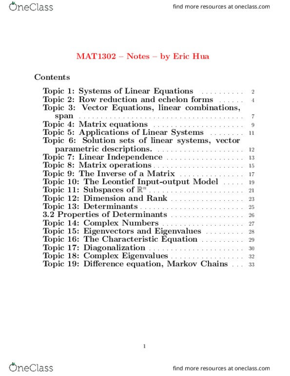 MAT 1300 Lecture Notes - Lecture 1: Row Echelon Form, Row And Column Vectors, Diagonal Matrix thumbnail