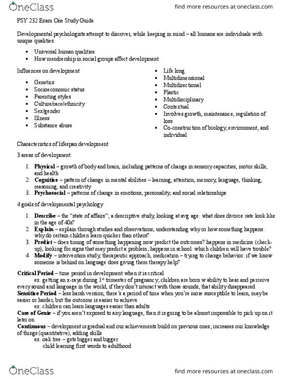 PSY 232 Lecture Notes - Lecture 1: Quantitative Trait Locus, Developmental Psychology, Foodborne Illness thumbnail