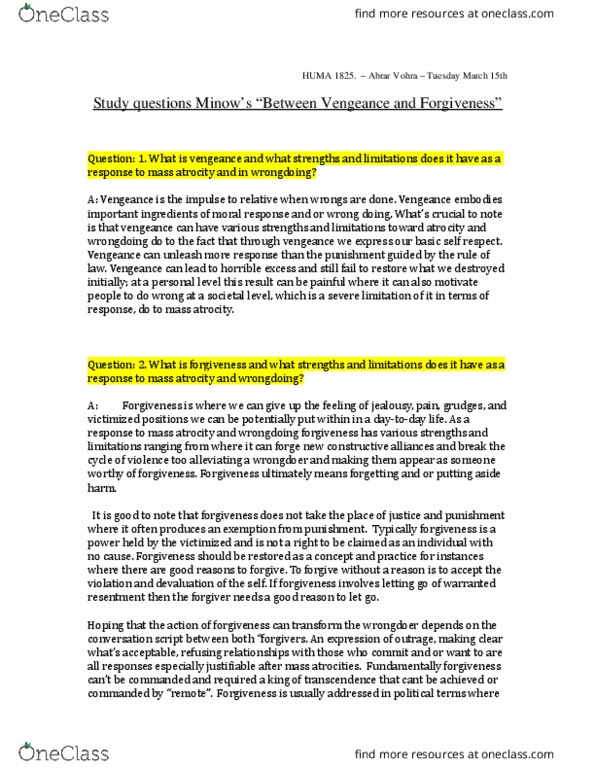 HUMA 1825 Chapter 2-6: HUMA 1825. – Abrar Vohra Study questions Minow’s “Between Vengeance and Forgiveness” thumbnail