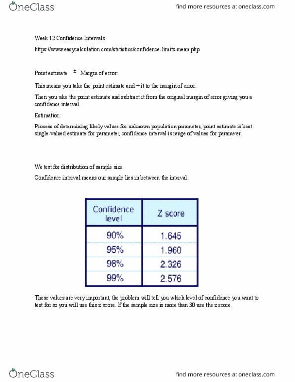 PBHL 5401 Lecture Notes - Lecture 24: Confidence Interval, Point Estimation, Standard Score thumbnail