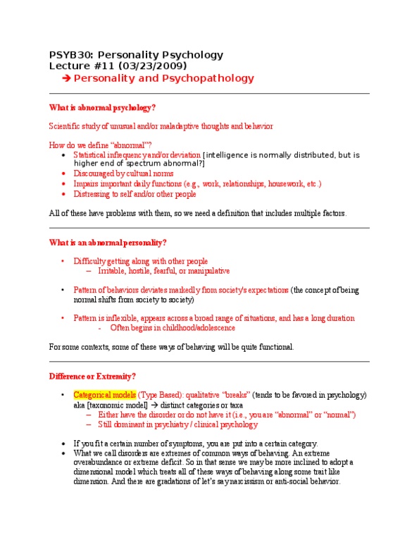 PSY230H5 Lecture Notes - Histrionic Personality Disorder, Antisocial Personality Disorder, Narcissistic Personality Disorder thumbnail