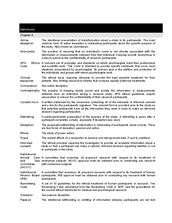 PSY309H1 Chapter Notes - Chapter 4: Professional Code Of Quebec, Institutional Animal Care And Use Committee, American Psychological Association thumbnail