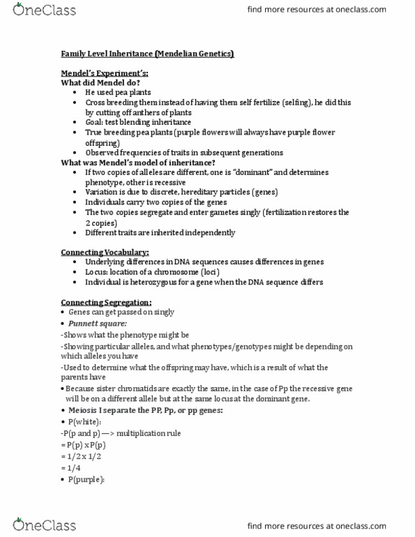 Biology 1201A Lecture Notes - Lecture 2: Blending Inheritance, Mendelian Inheritance, Zygosity thumbnail