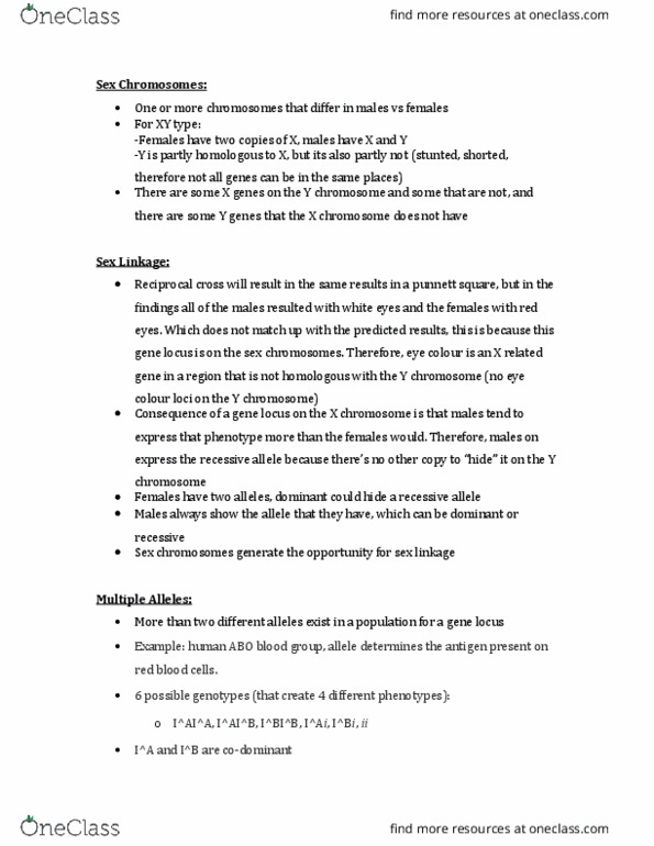 Biology 1201A Lecture Notes - Lecture 4: Allosome, Punnett Square, Y Chromosome thumbnail