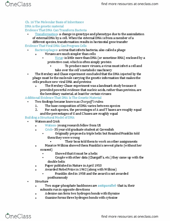 BIOLOGY 1113 Chapter Notes - Chapter 16: Maurice Wilkins, Dna Replication, Complementary Dna thumbnail